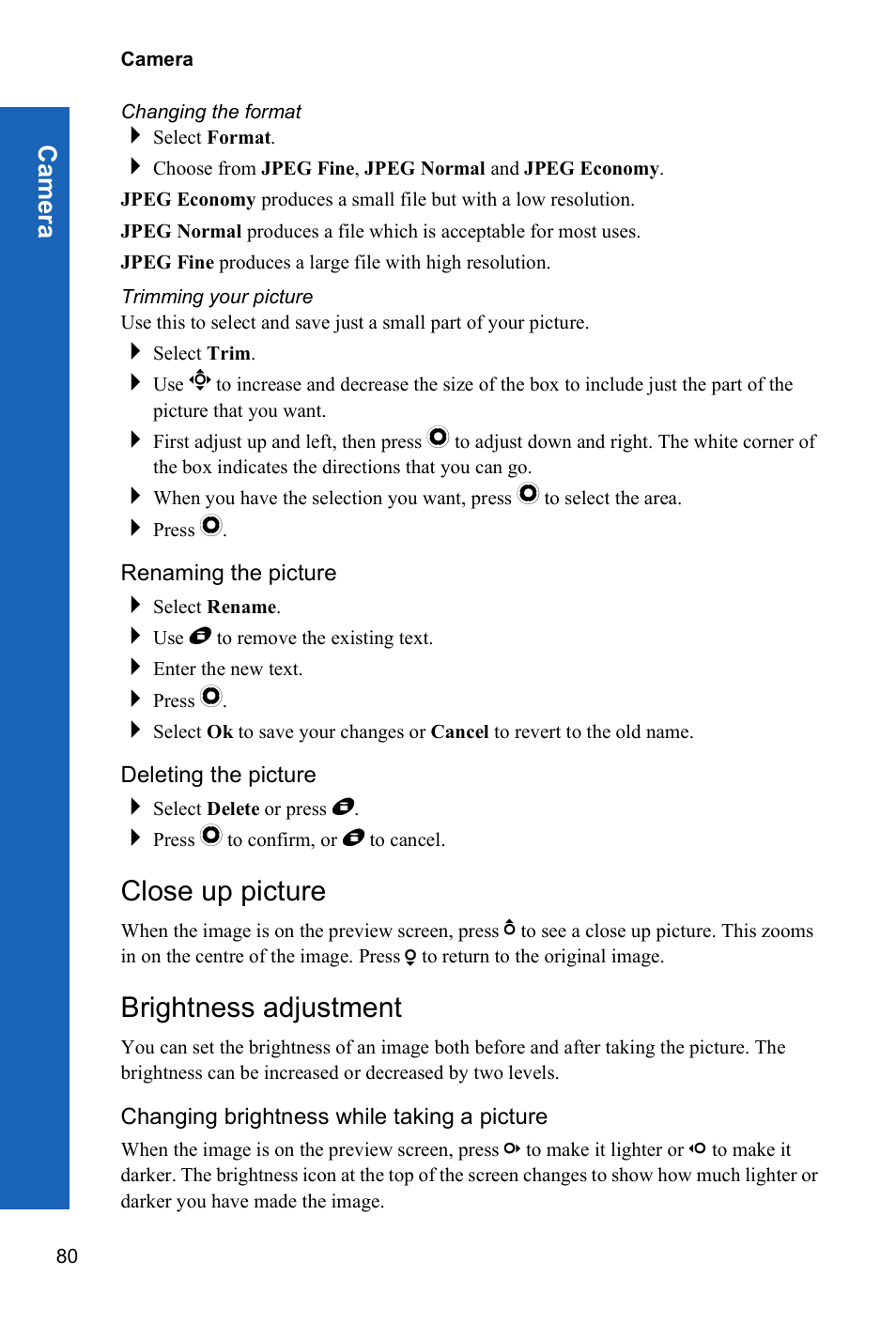 Changing the format, Trimming your picture, Renaming the picture | Deleting the picture, Close up picture, Brightness adjustment, Changing brightness while taking a picture | Panasonic P341i User Manual | Page 79 / 144