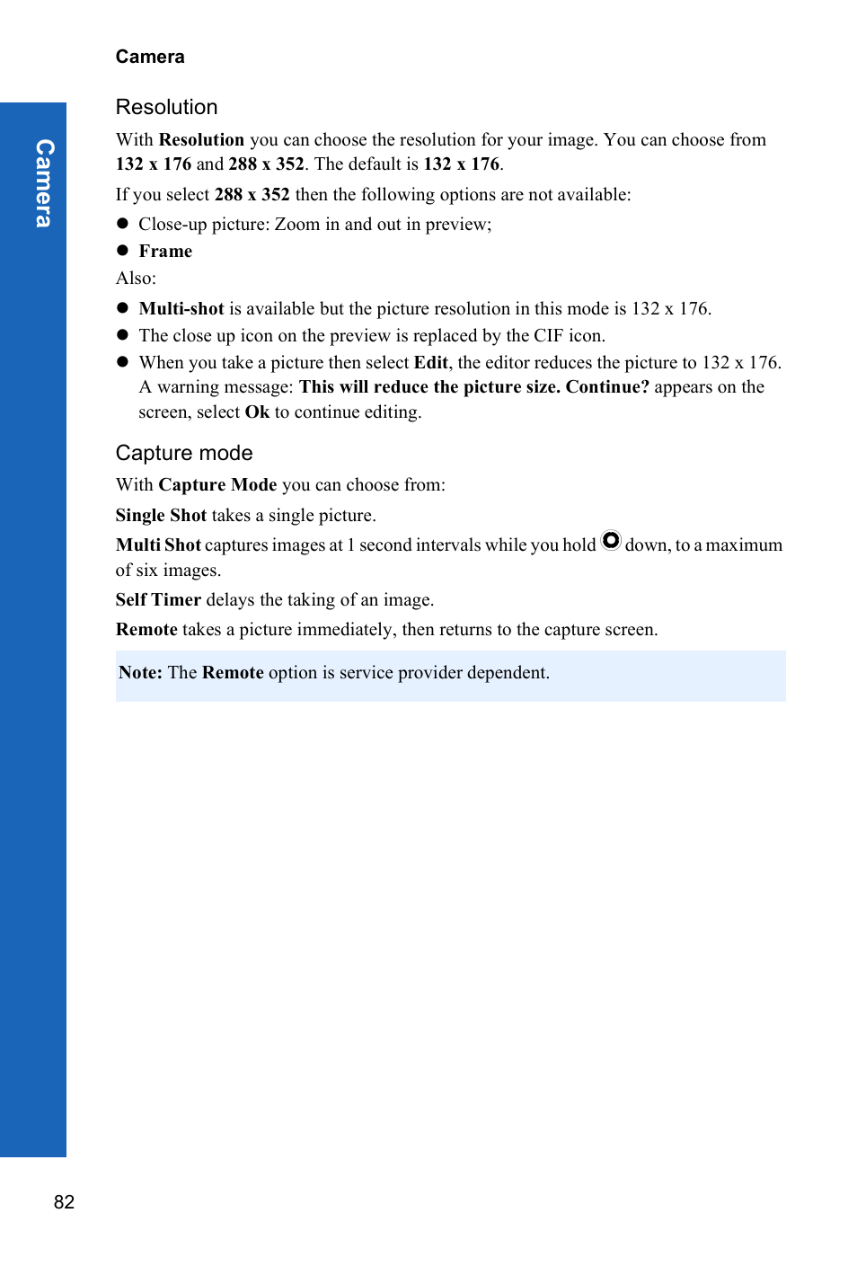 Resolution, Capture mode, Ca m e ra | Panasonic P341i User Manual | Page 81 / 144