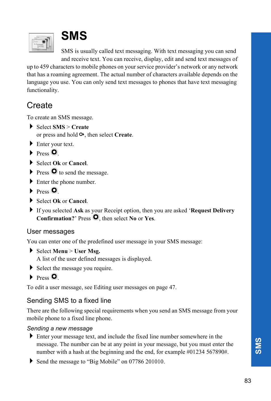 Create, User messages, Sending sms to a fixed line | Sending a new message | Panasonic P341i User Manual | Page 82 / 144