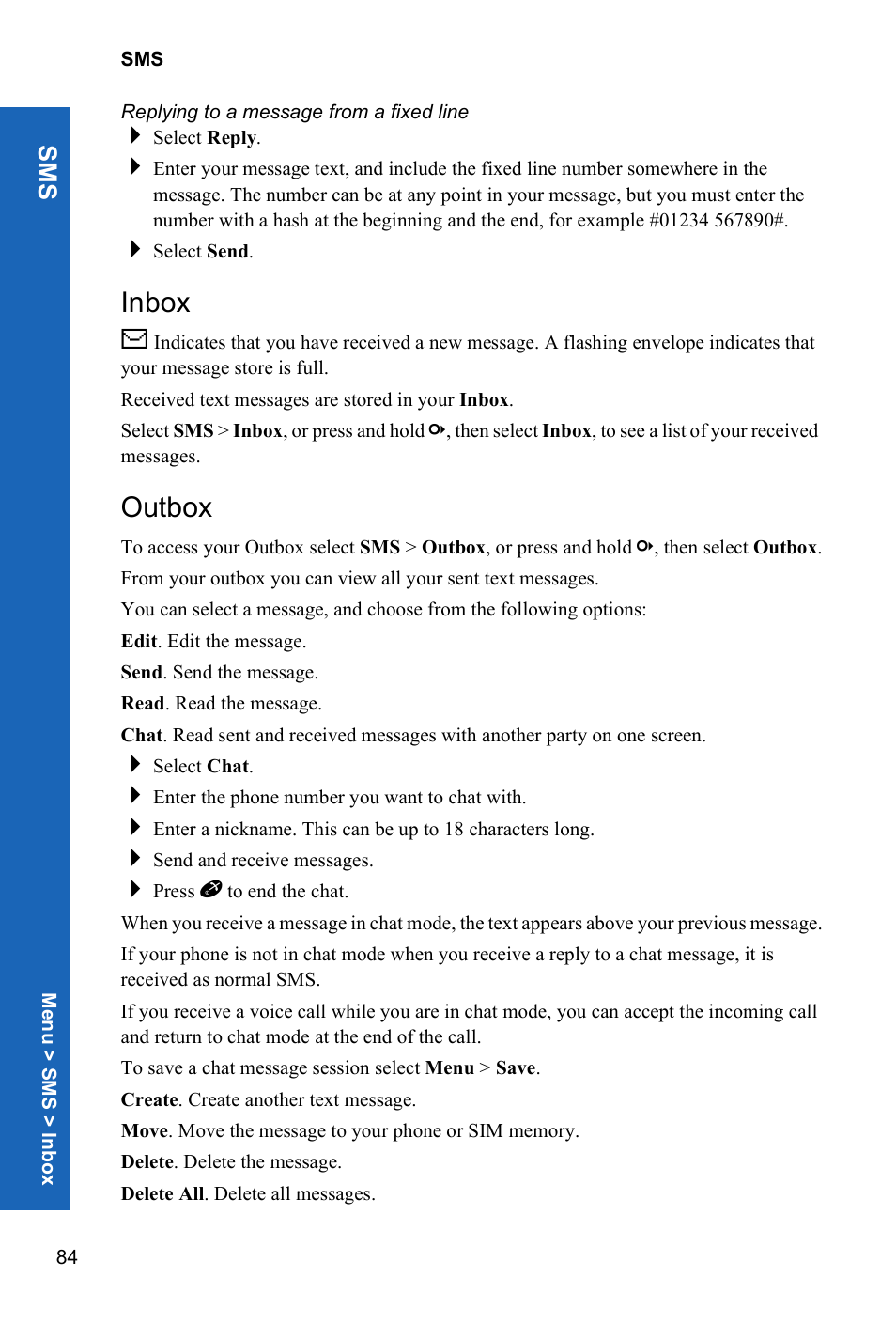 Replying to a message from a fixed line, Inbox, Outbox | Sm s | Panasonic P341i User Manual | Page 83 / 144