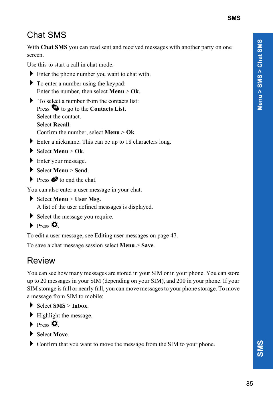 Chat sms, Review | Panasonic P341i User Manual | Page 84 / 144