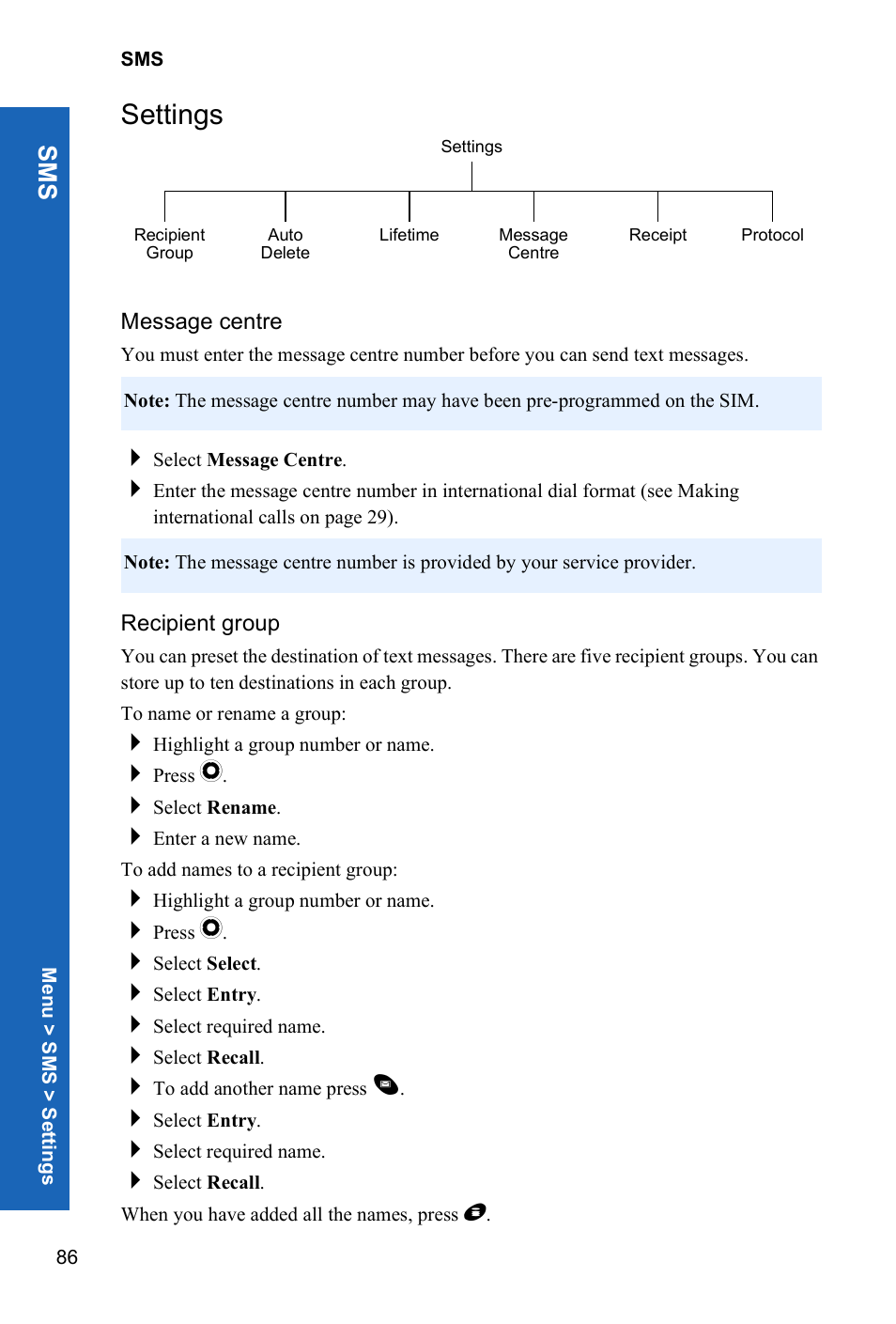 Settings, Message centre, Recipient group | Sm s | Panasonic P341i User Manual | Page 85 / 144