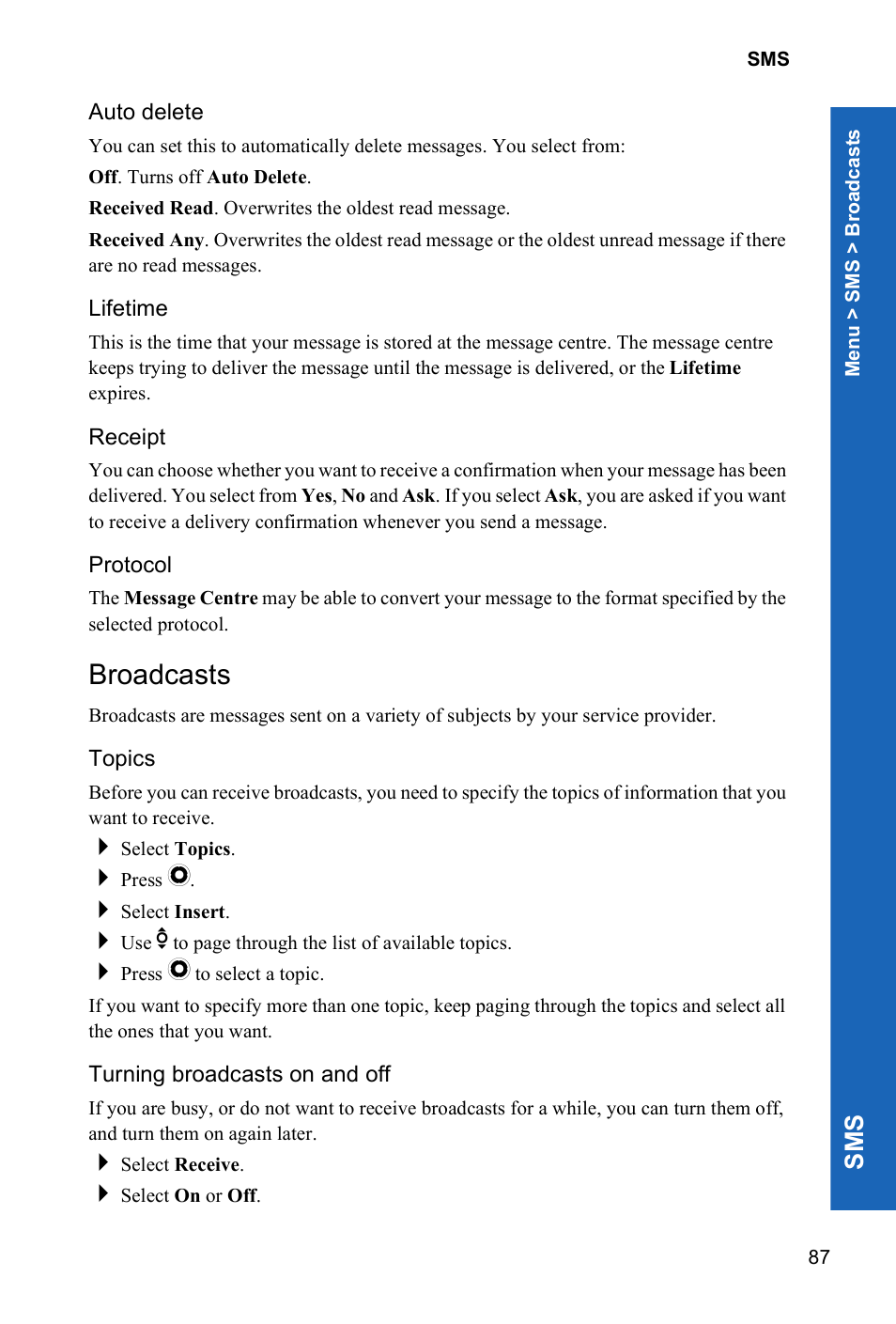 Auto delete, Lifetime, Receipt | Protocol, Broadcasts, Topics, Turning broadcasts on and off, Sm s | Panasonic P341i User Manual | Page 86 / 144