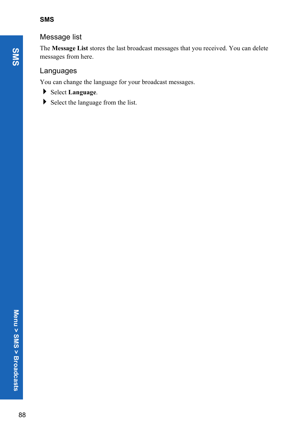 Message list, Languages, Sm s | Panasonic P341i User Manual | Page 87 / 144