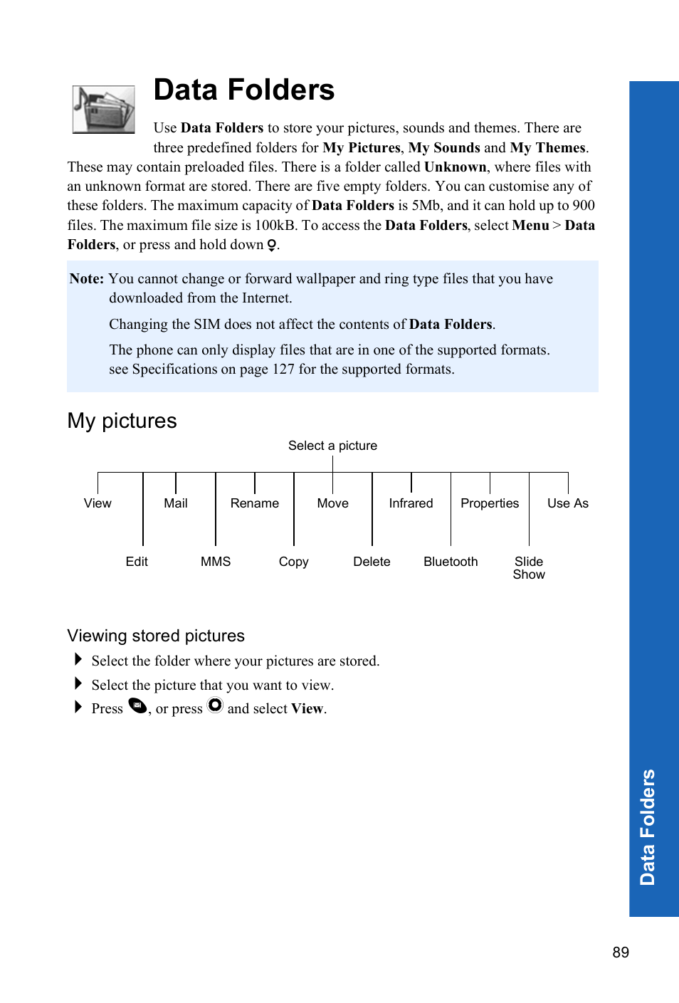 Data folders, My pictures, Viewing stored pictures | Dat a fo lders | Panasonic P341i User Manual | Page 88 / 144