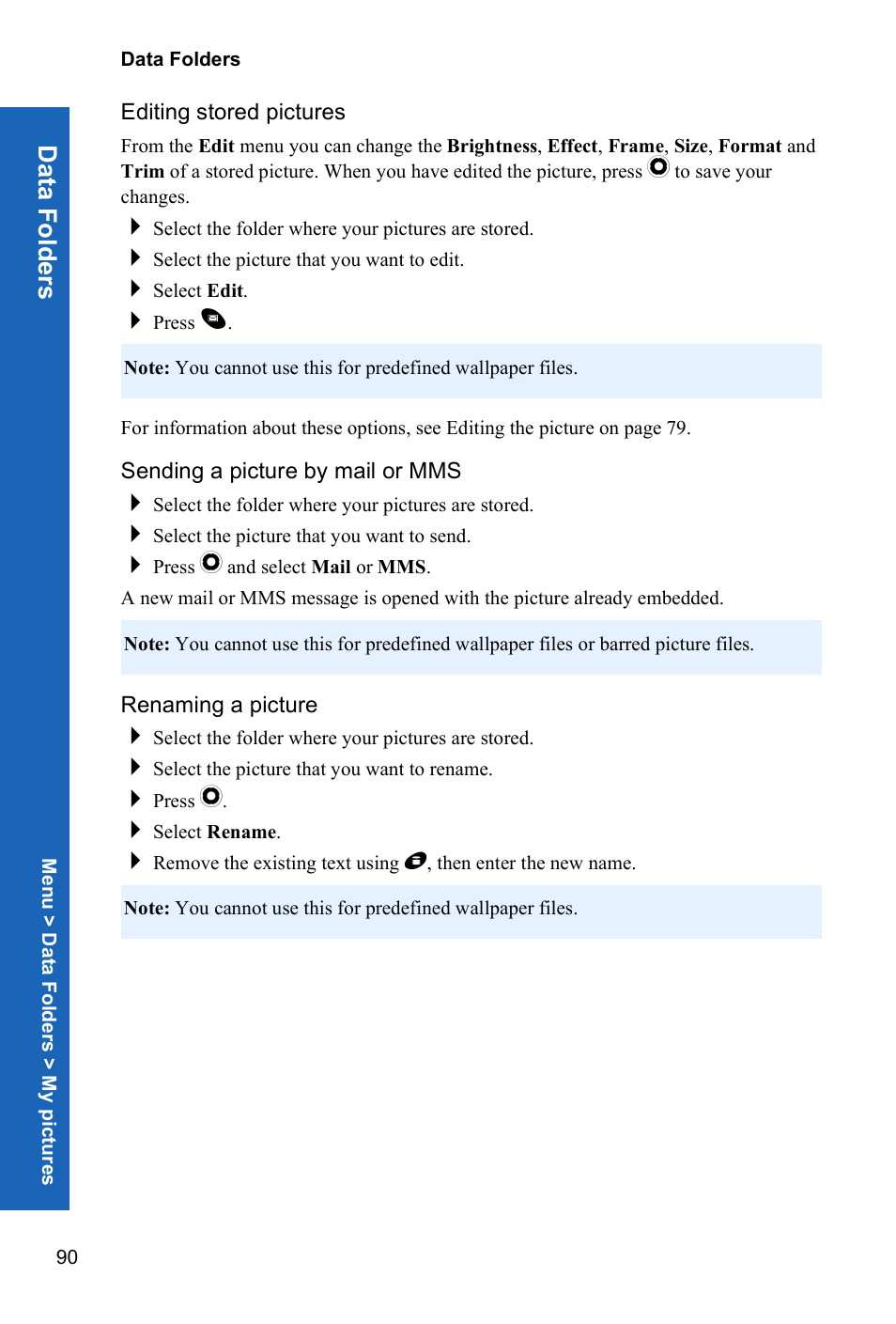 Editing stored pictures, Sending a picture by mail or mms, Renaming a picture | Data fold e rs | Panasonic P341i User Manual | Page 89 / 144