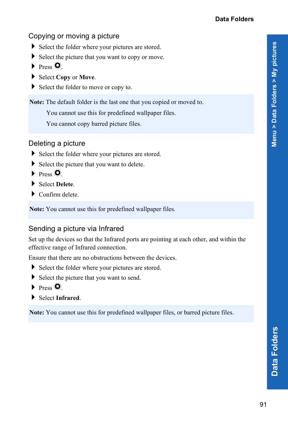 Copying or moving a picture, Deleting a picture, Sending a picture via infrared | Dat a fo lders | Panasonic P341i User Manual | Page 90 / 144