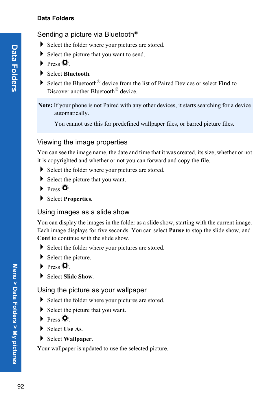 Sending a picture via bluetooth, Viewing the image properties, Using images as a slide show | Using the picture as your wallpaper, Data fold e rs | Panasonic P341i User Manual | Page 91 / 144