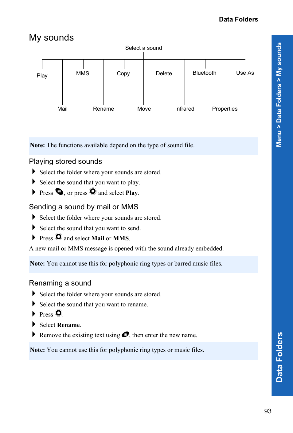 My sounds, Playing stored sounds, Sending a sound by mail or mms | Renaming a sound, Dat a fo lders | Panasonic P341i User Manual | Page 92 / 144