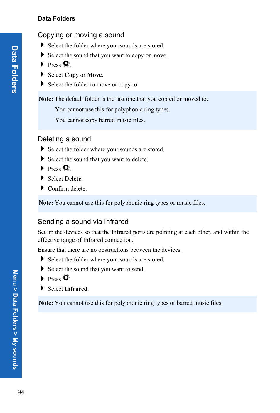 Copying or moving a sound, Deleting a sound, Sending a sound via infrared | Data fold e rs | Panasonic P341i User Manual | Page 93 / 144