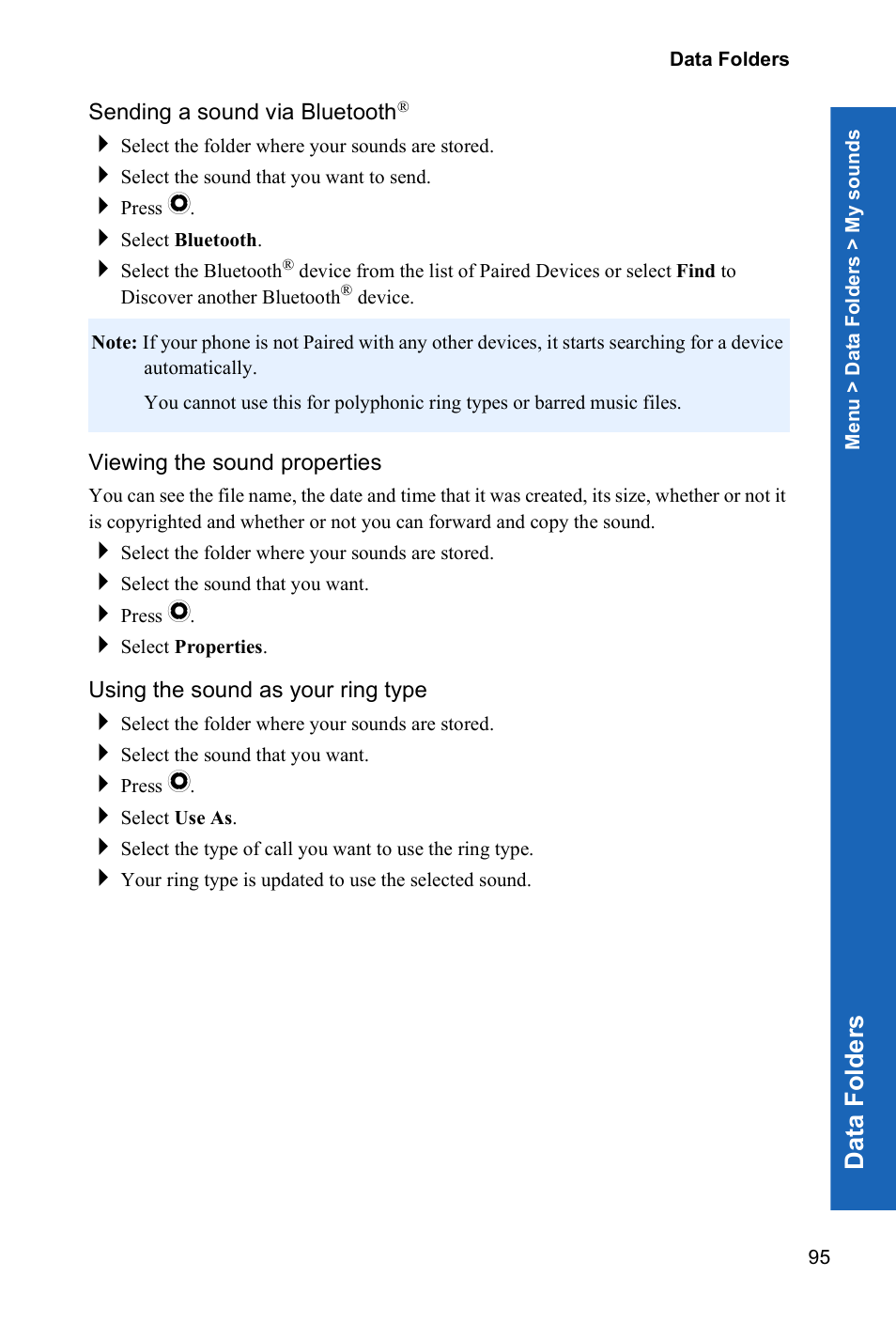 Sending a sound via bluetooth, Viewing the sound properties, Using the sound as your ring type | Dat a fo lders | Panasonic P341i User Manual | Page 94 / 144