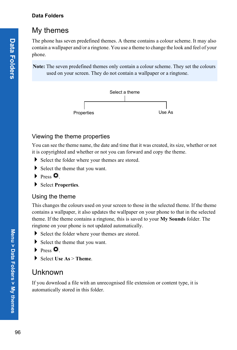 My themes, Viewing the theme properties, Using the theme | Unknown, Data fold e rs | Panasonic P341i User Manual | Page 95 / 144