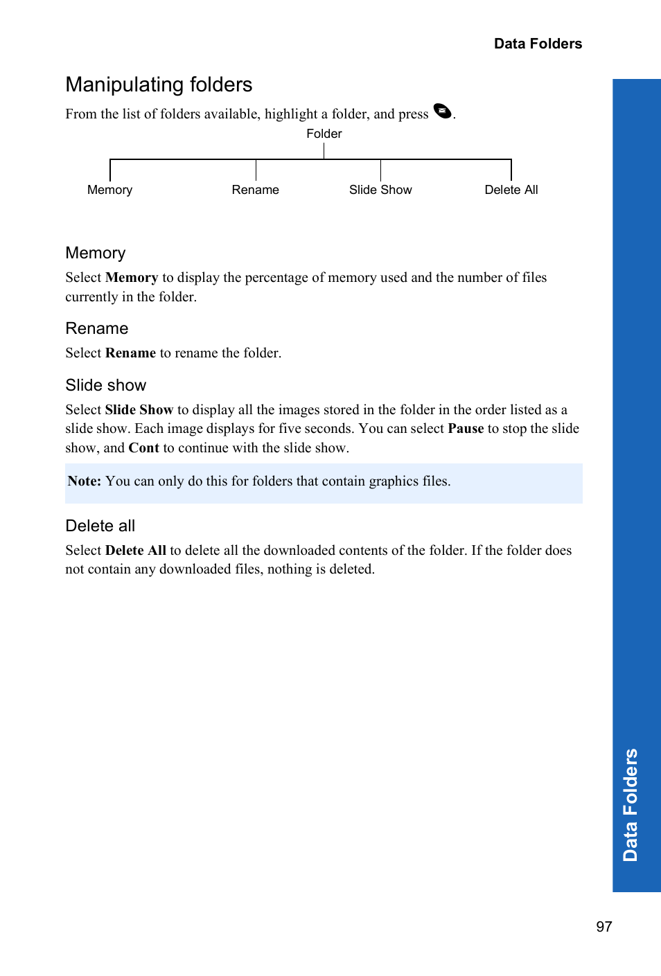 Manipulating folders, Memory, Rename | Slide show, Delete all, Dat a fo lders | Panasonic P341i User Manual | Page 96 / 144