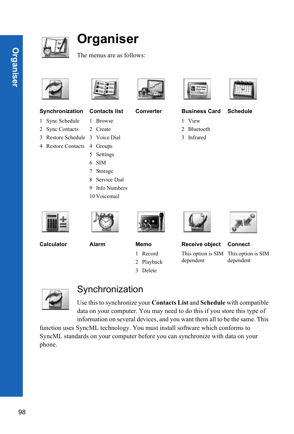 Organiser, Synchronization | Panasonic P341i User Manual | Page 97 / 144