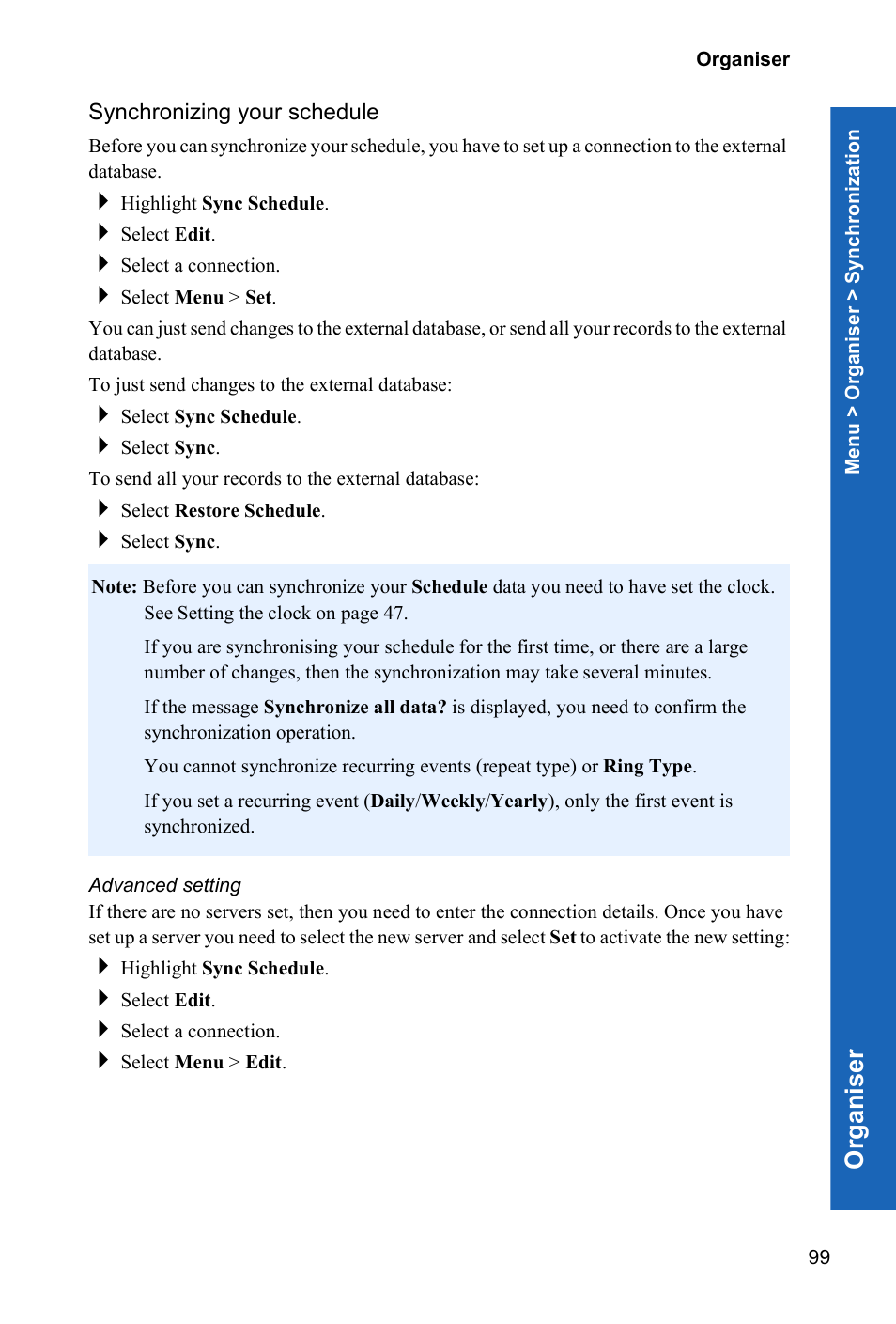 Synchronizing your schedule, Advanced setting, Org a n is er | Panasonic P341i User Manual | Page 98 / 144