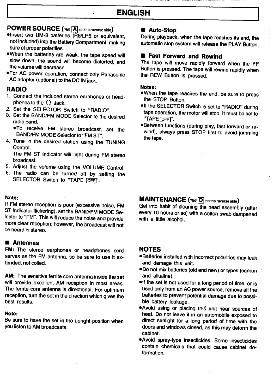 English, Radio, Auto-stop | Fast forward and rewind, Notes | Panasonic RQ-V60 User Manual | Page 2 / 5