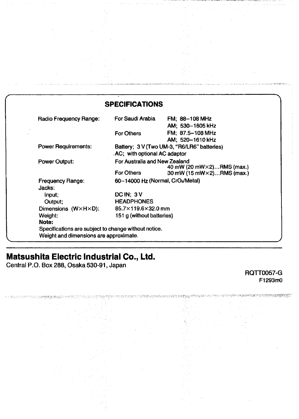 Matsushita electric industrial co., ltd | Panasonic RQ-V60 User Manual | Page 5 / 5