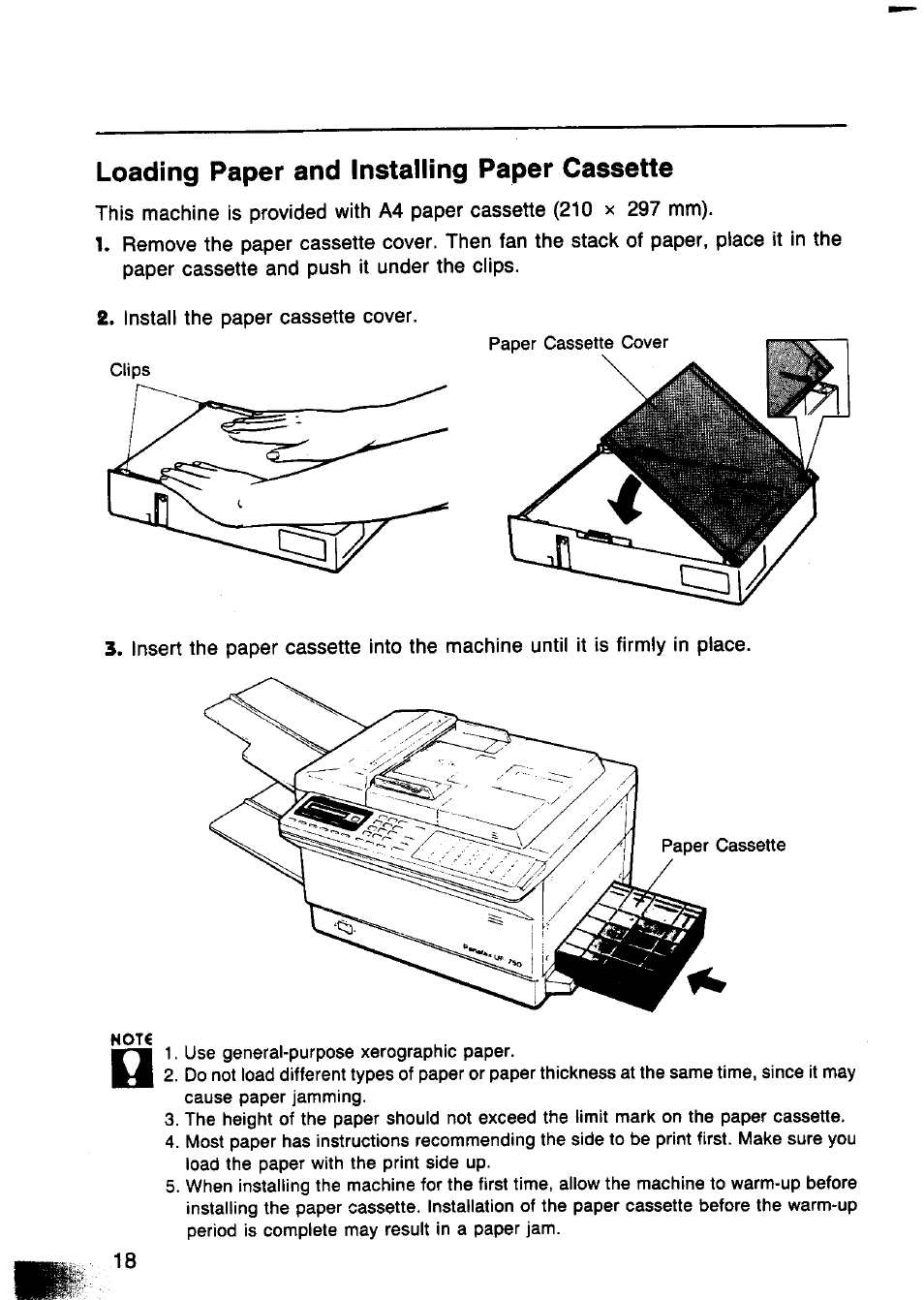 Loading paper and installing paper cassette | Panasonic Panafax UF-750 User Manual | Page 21 / 166