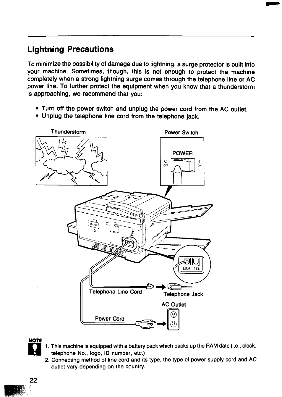 Lightning precautions | Panasonic Panafax UF-750 User Manual | Page 25 / 166