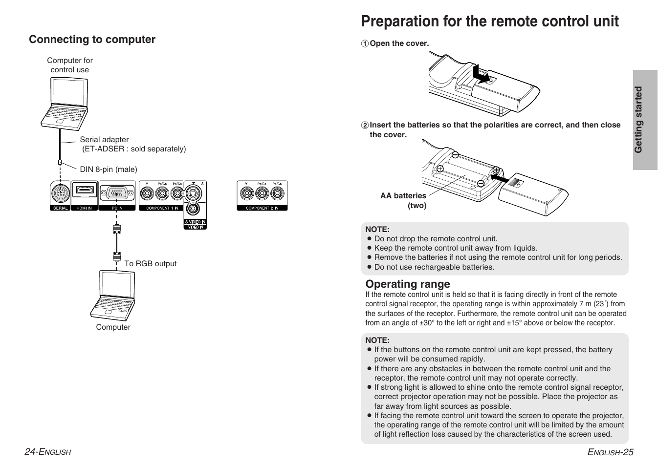 Preparation for the remote control unit | Panasonic PT-AE900U User Manual | Page 13 / 36