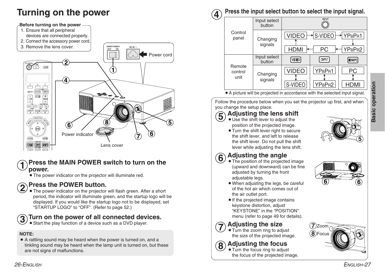 Turning on the power | Panasonic PT-AE900U User Manual | Page 14 / 36