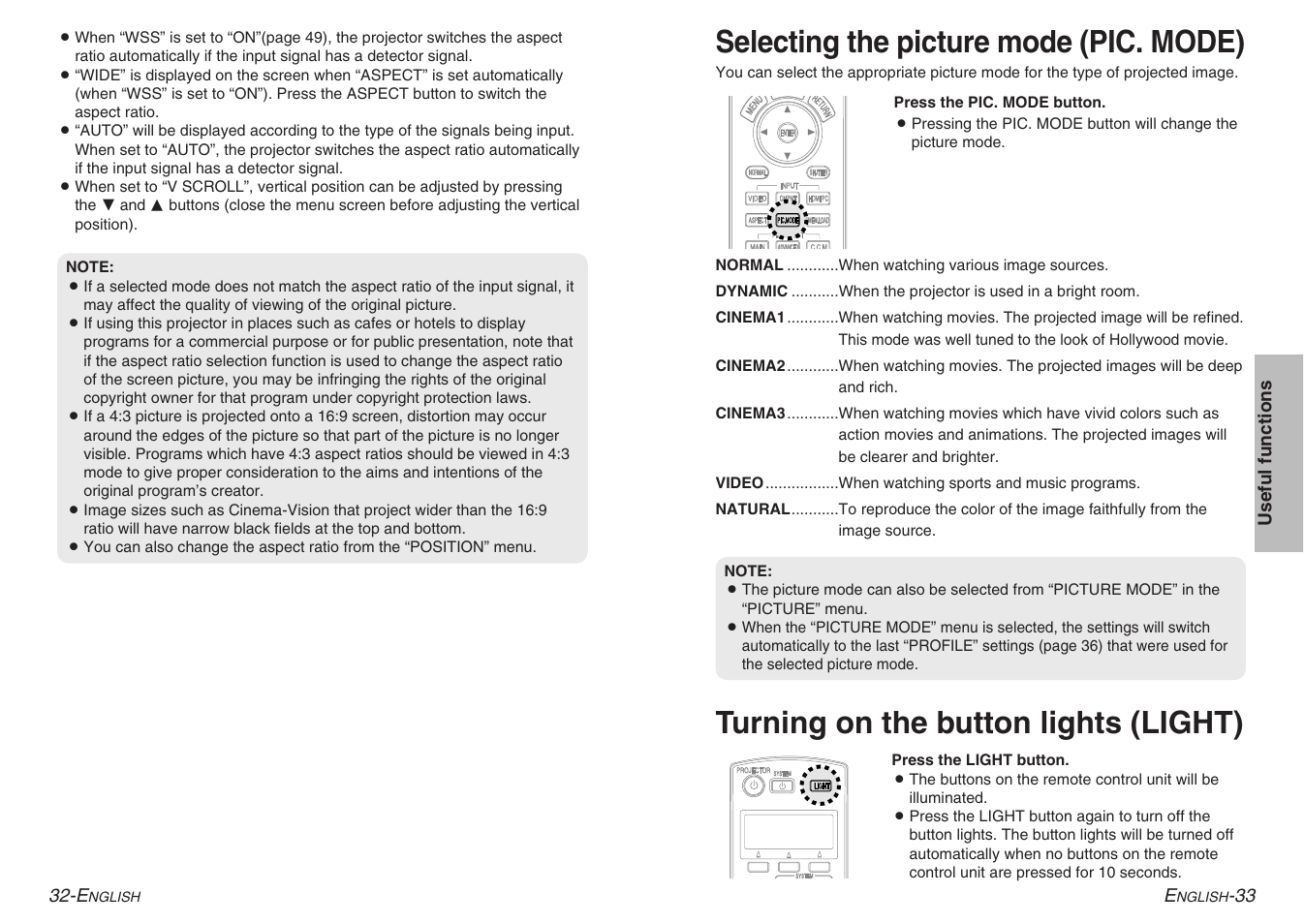 Turning on the button lights (light), Selecting the picture mode (pic. mode) | Panasonic PT-AE900U User Manual | Page 17 / 36
