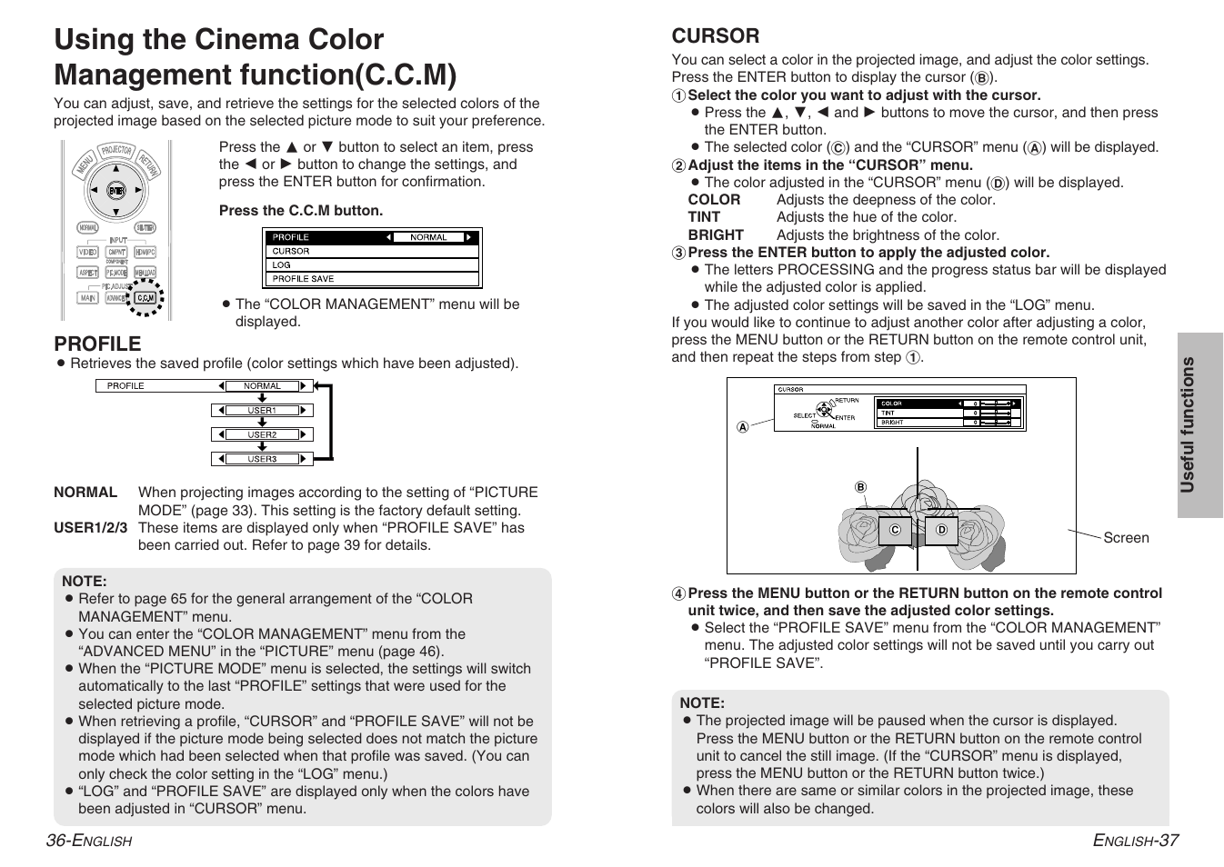 Using the cinema color management function(c.c.m), Cursor, Profile | Panasonic PT-AE900U User Manual | Page 19 / 36