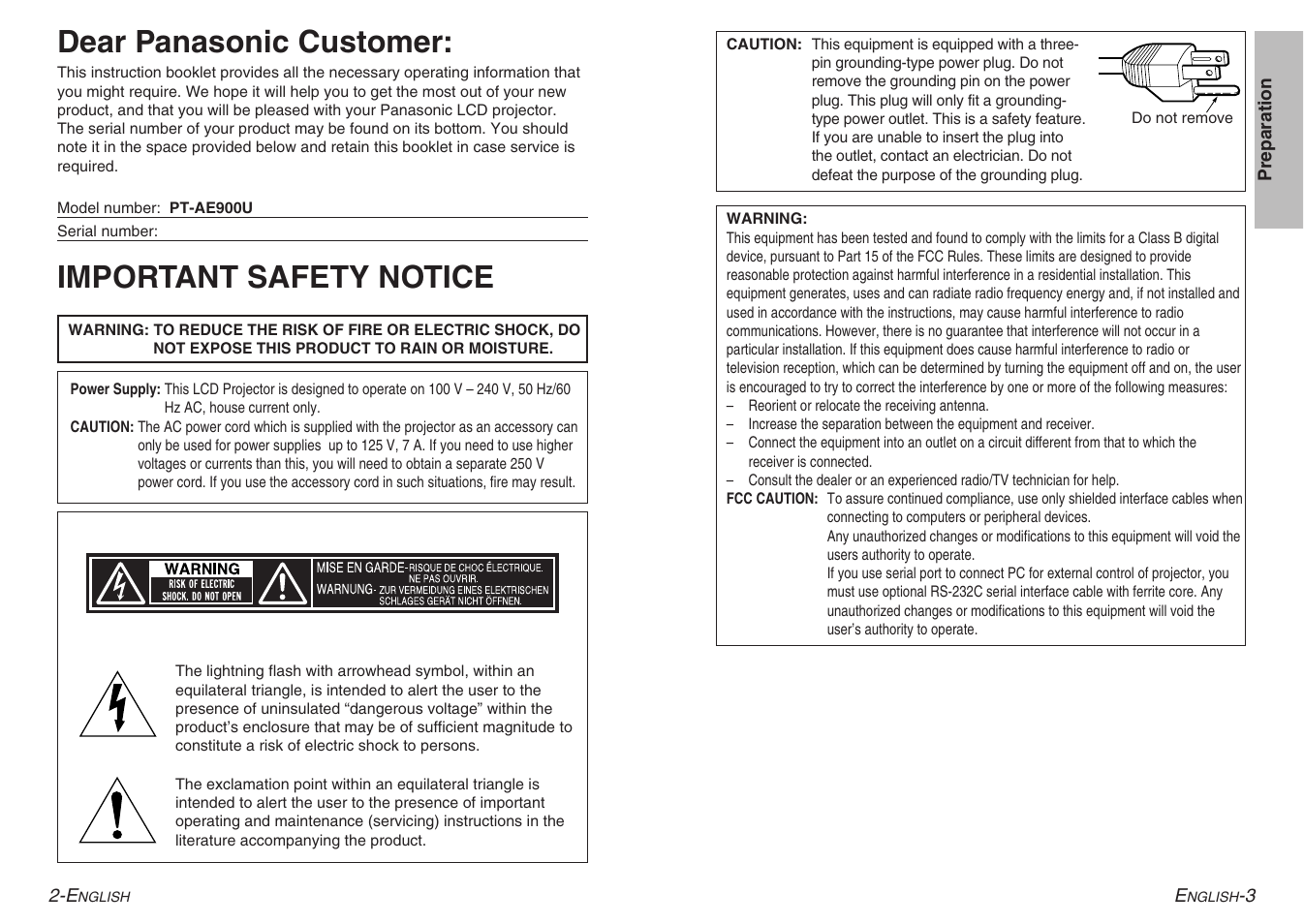 Important safety notice dear panasonic customer | Panasonic PT-AE900U User Manual | Page 2 / 36