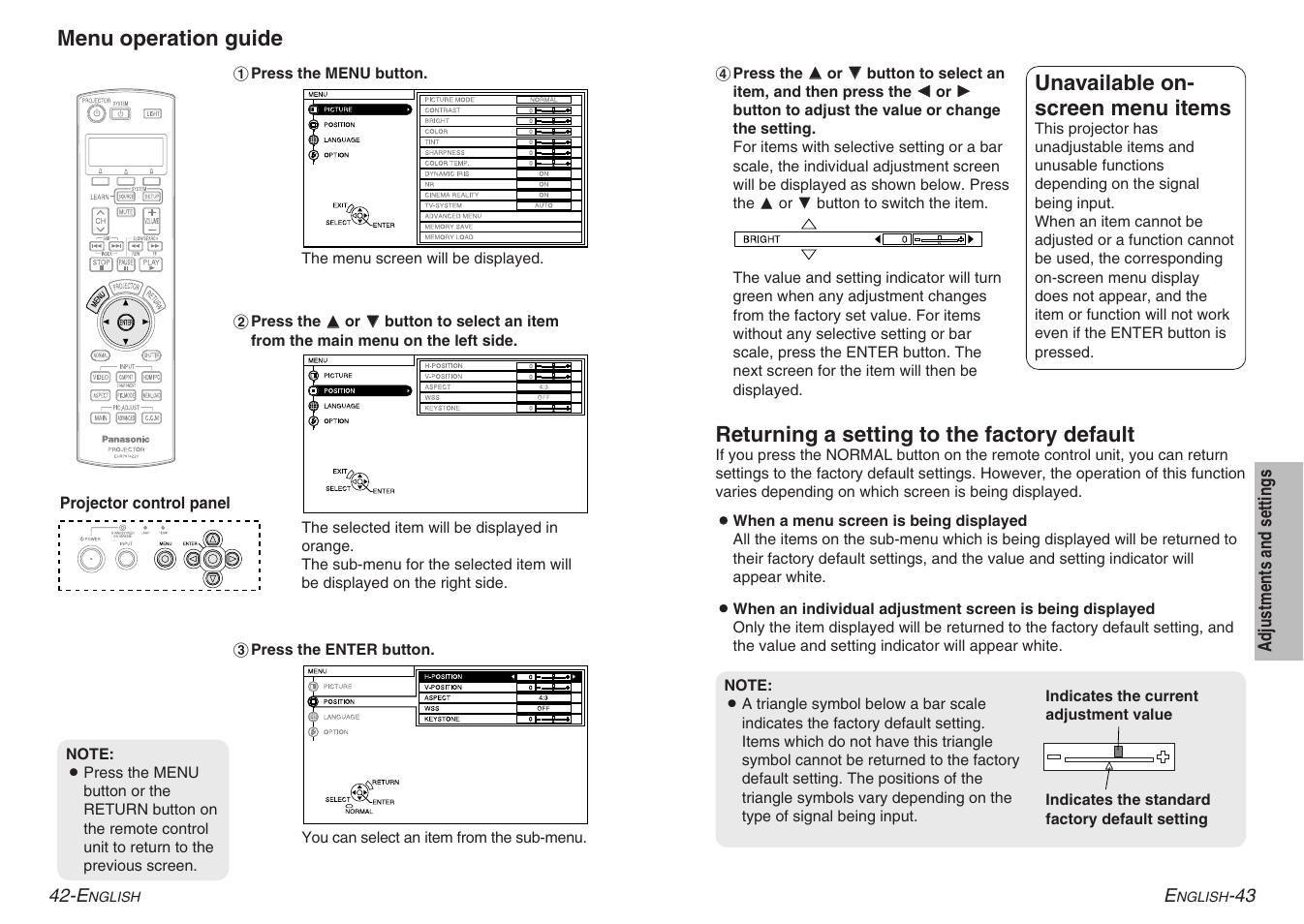 Menu operation guide, Unavailable on- screen menu items, Returning a setting to the factory default | Panasonic PT-AE900U User Manual | Page 22 / 36