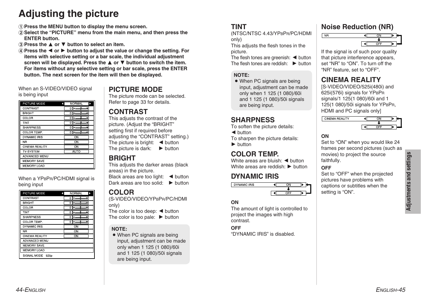Adjusting the picture, Picture mode, Contrast | Bright, Color, Tint, Sharpness, Color temp, Dynamic iris, Noise reduction (nr) | Panasonic PT-AE900U User Manual | Page 23 / 36