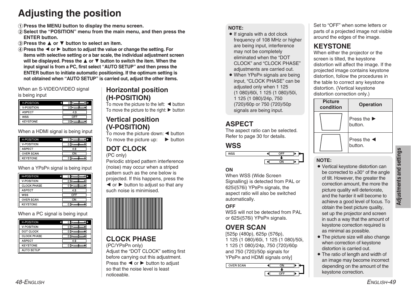 Adjusting the position, Horizontal position (h-position), Vertical position (v-position) | Dot clock, Clock phase, Aspect, Over scan, Keystone | Panasonic PT-AE900U User Manual | Page 25 / 36