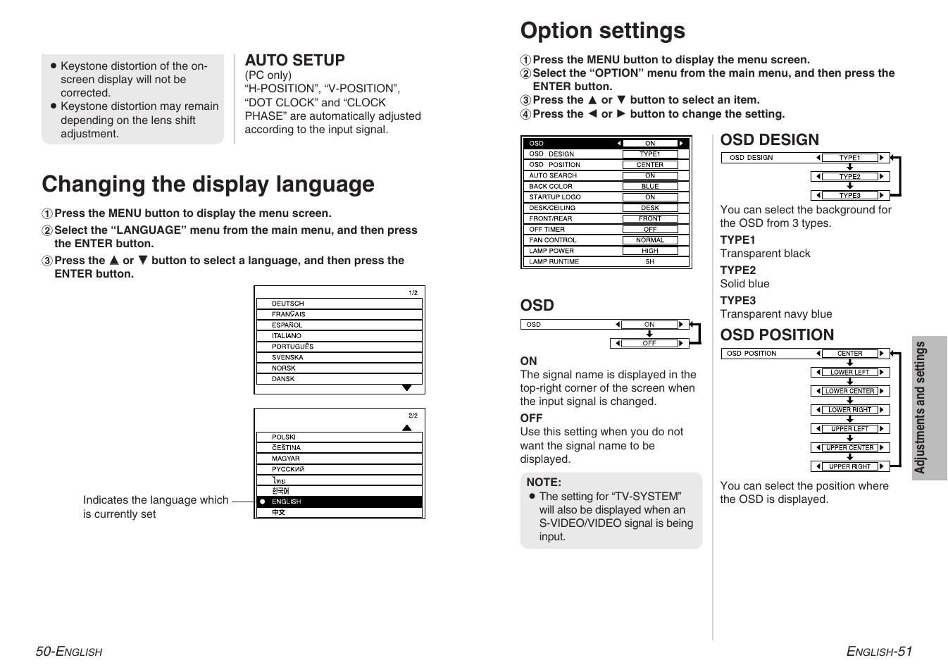Changing the display language, Option settings | Panasonic PT-AE900U User Manual | Page 26 / 36