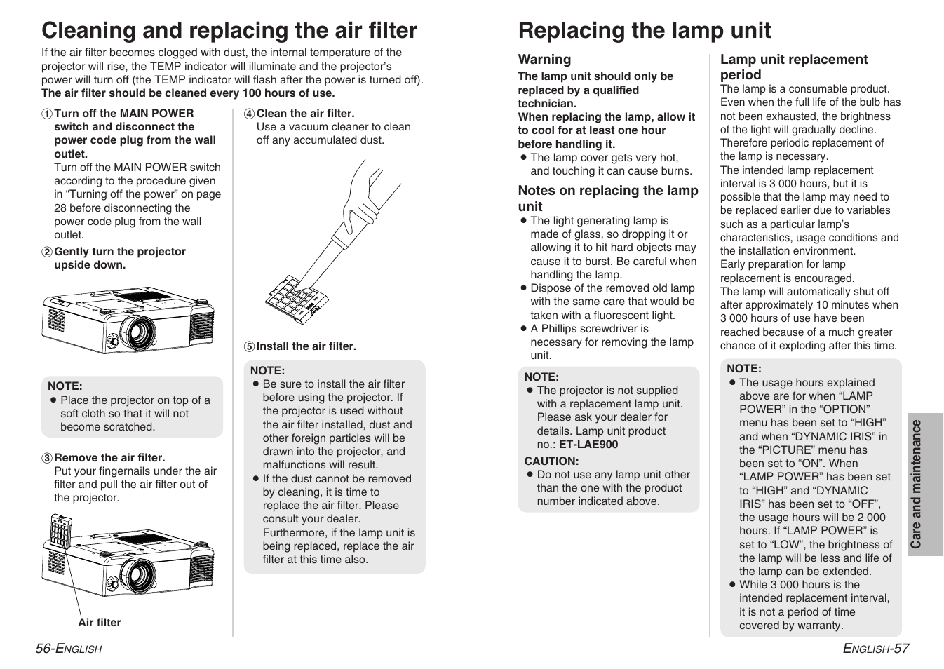 Cleaning and replacing the air filter, Replacing the lamp unit | Panasonic PT-AE900U User Manual | Page 29 / 36