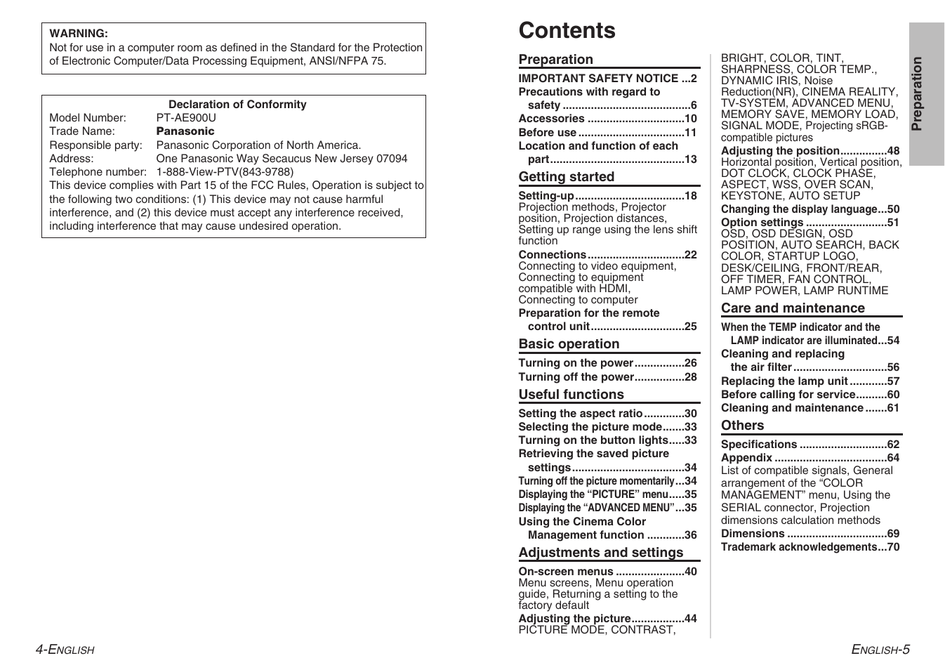 Panasonic PT-AE900U User Manual | Page 3 / 36
