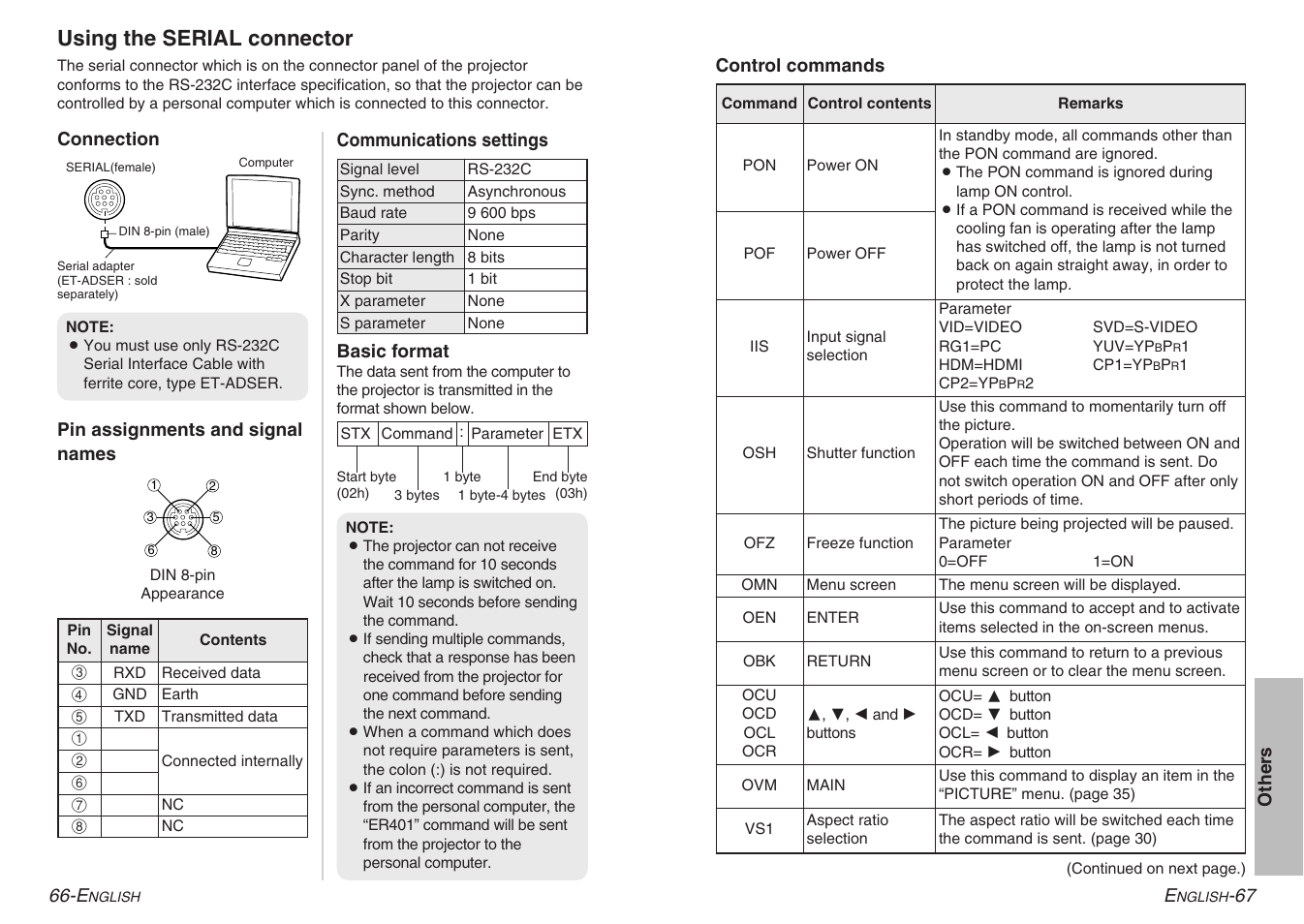 Using the serial connector | Panasonic PT-AE900U User Manual | Page 34 / 36