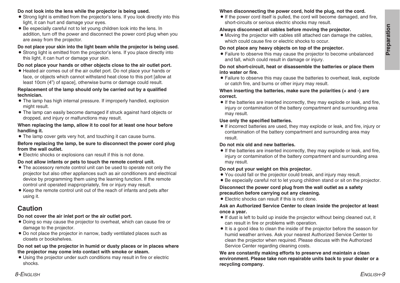 Caution | Panasonic PT-AE900U User Manual | Page 5 / 36
