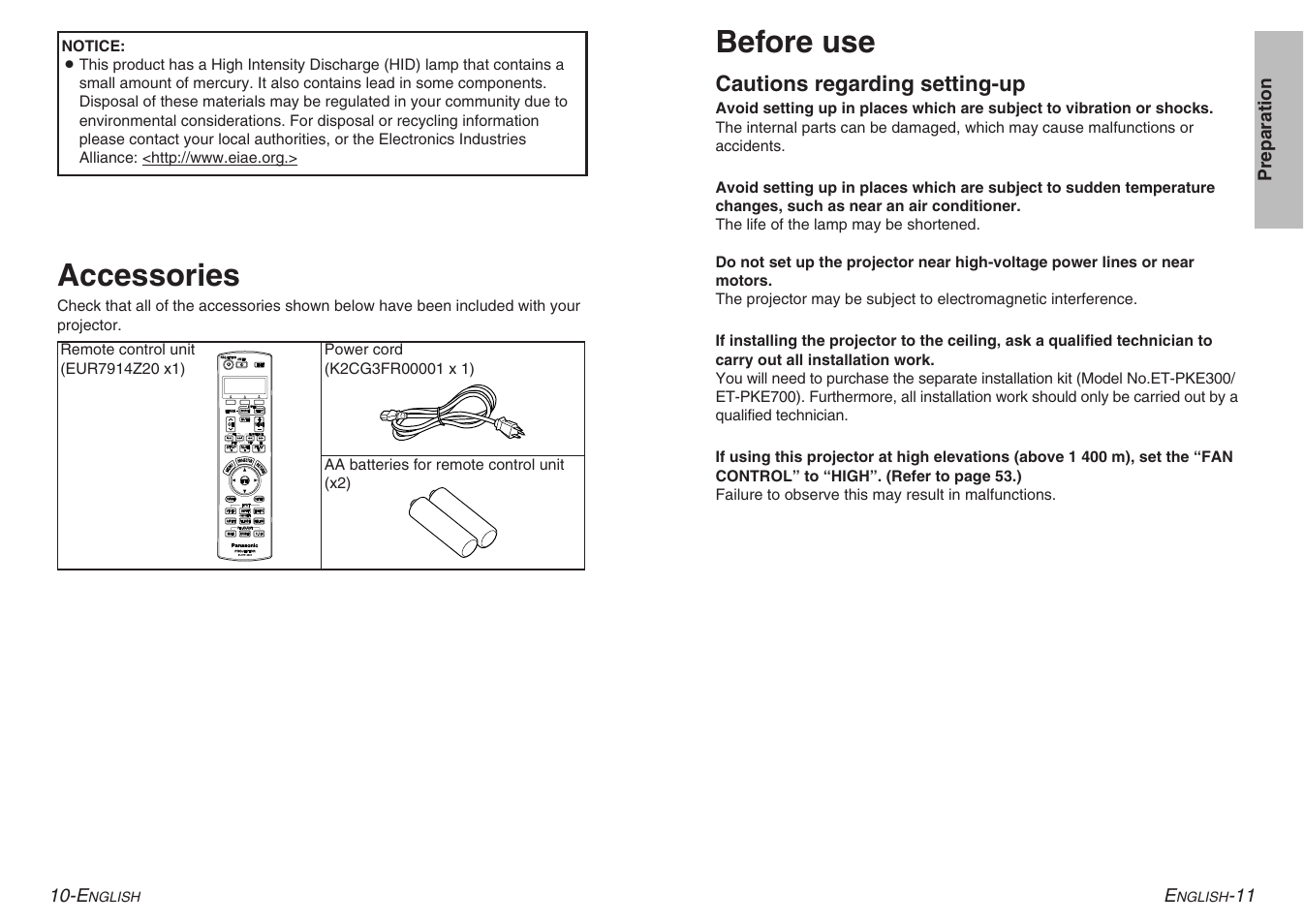 Accessories, Before use | Panasonic PT-AE900U User Manual | Page 6 / 36