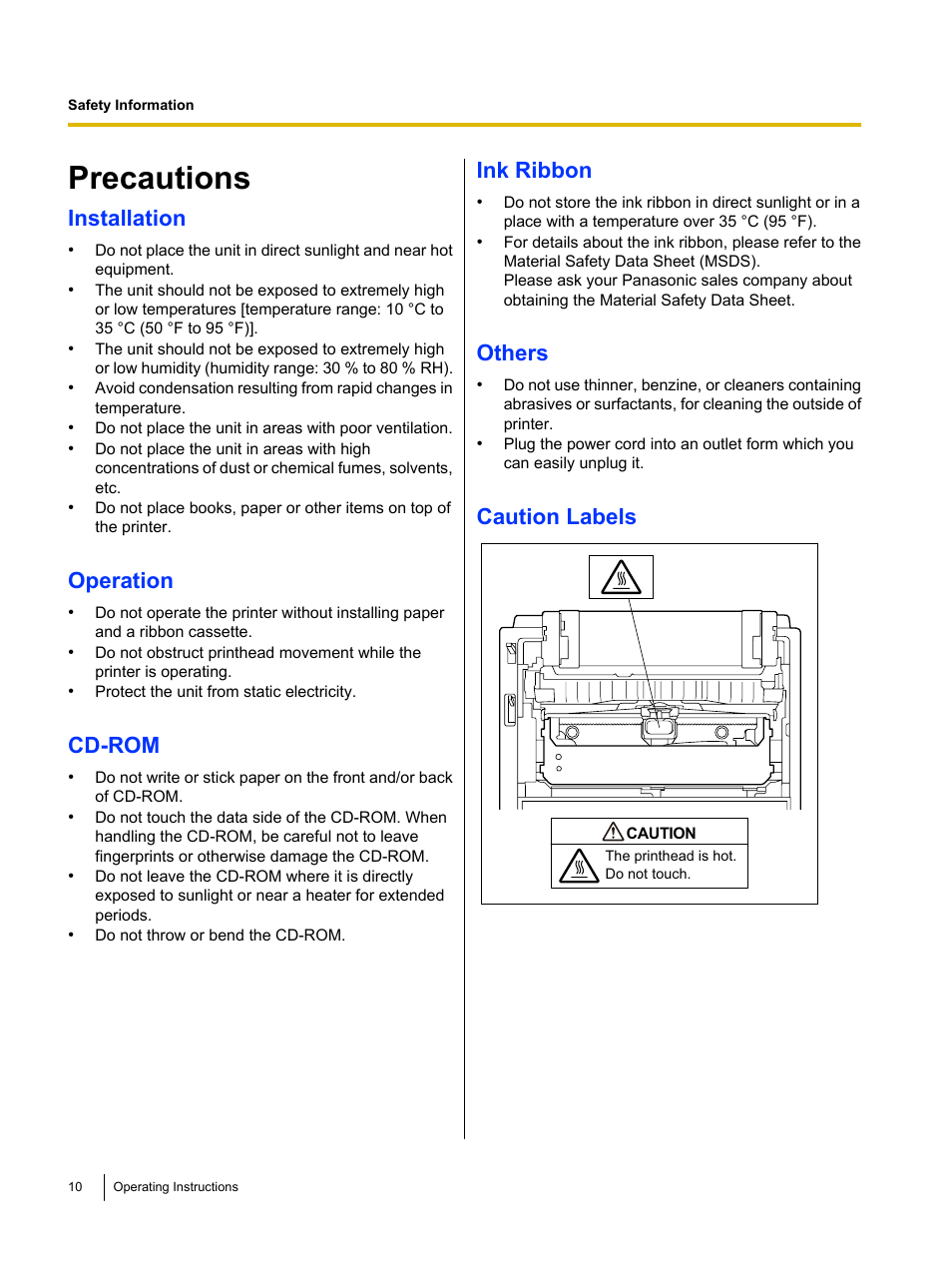 Precautions, Installation, Operation | Cd-rom, Ink ribbon, Others, Caution labels | Panasonic KX-P1131E User Manual | Page 10 / 49