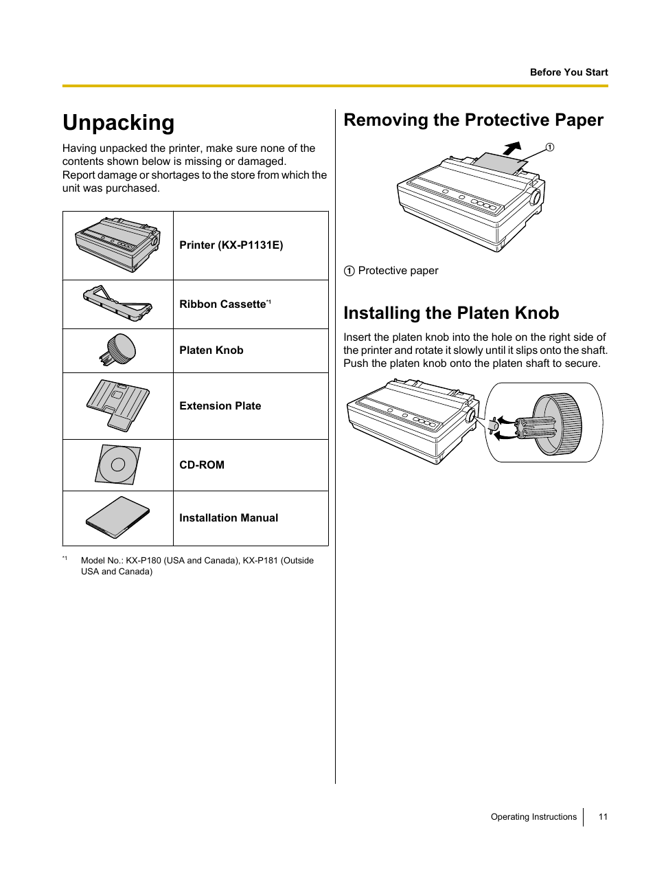 Before you start, Unpacking, Removing the protective paper | Installing the platen knob | Panasonic KX-P1131E User Manual | Page 11 / 49