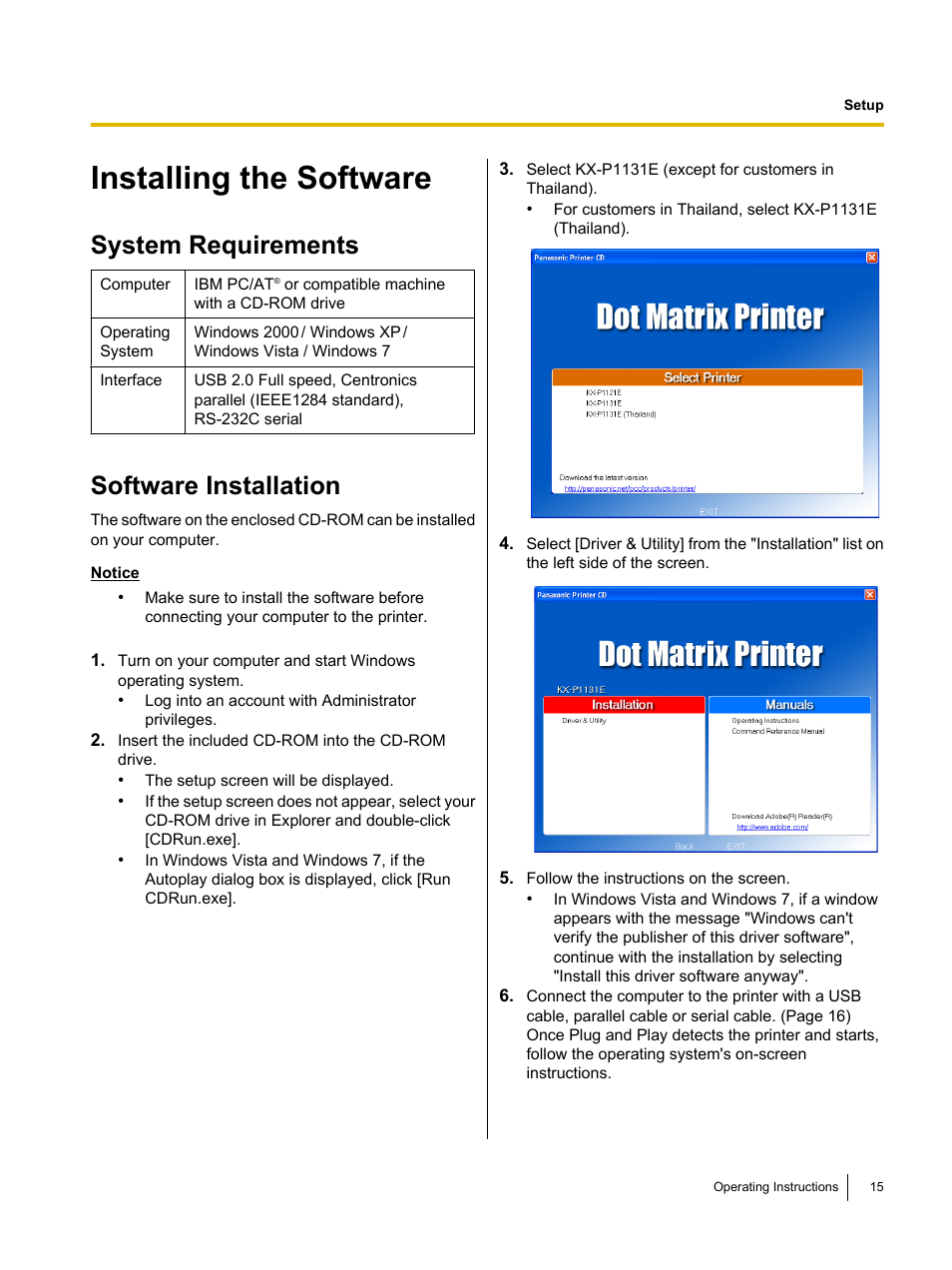 Setup, Installing the software, System requirements | Software installation | Panasonic KX-P1131E User Manual | Page 15 / 49