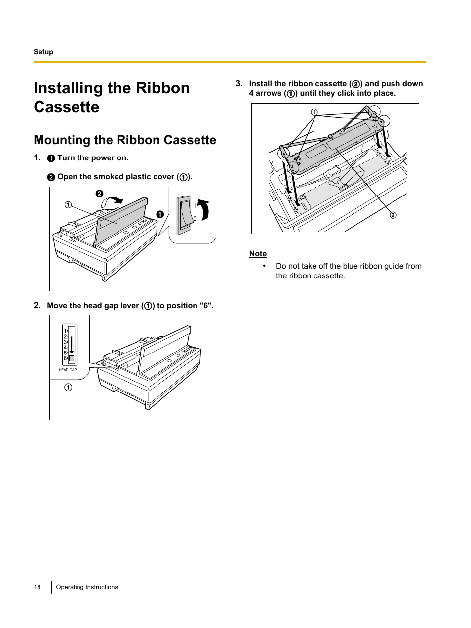 Installing the ribbon cassette, Mounting the ribbon cassette | Panasonic KX-P1131E User Manual | Page 18 / 49