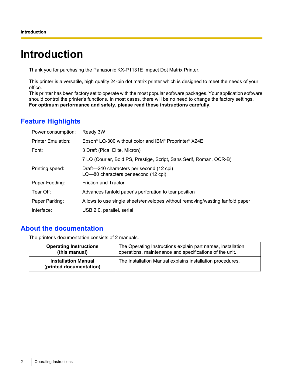 Introduction, Feature highlights, About the documentation | Panasonic KX-P1131E User Manual | Page 2 / 49