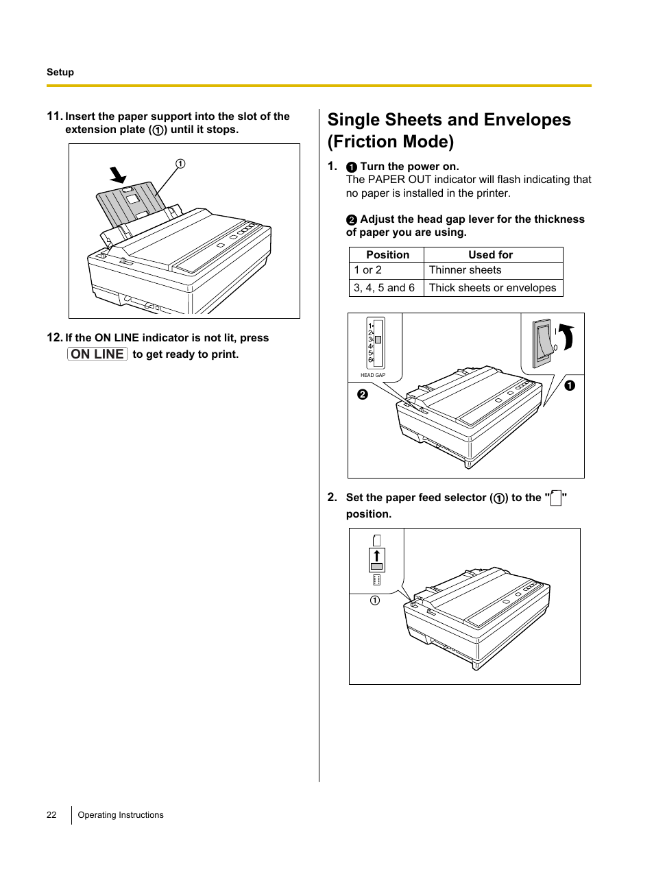 Single sheets and envelopes (friction mode) | Panasonic KX-P1131E User Manual | Page 22 / 49