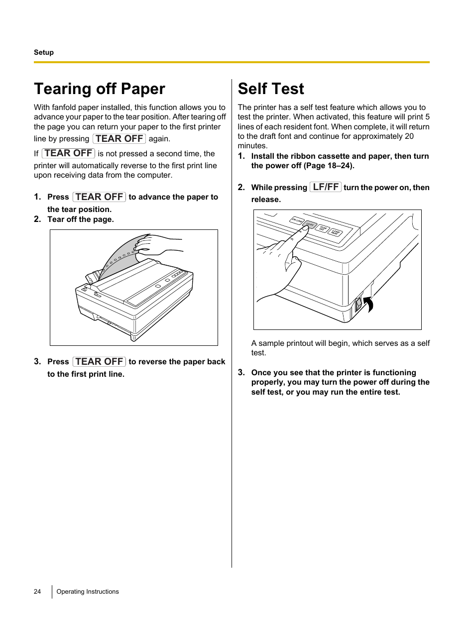 Tearing off paper, Self test | Panasonic KX-P1131E User Manual | Page 24 / 49