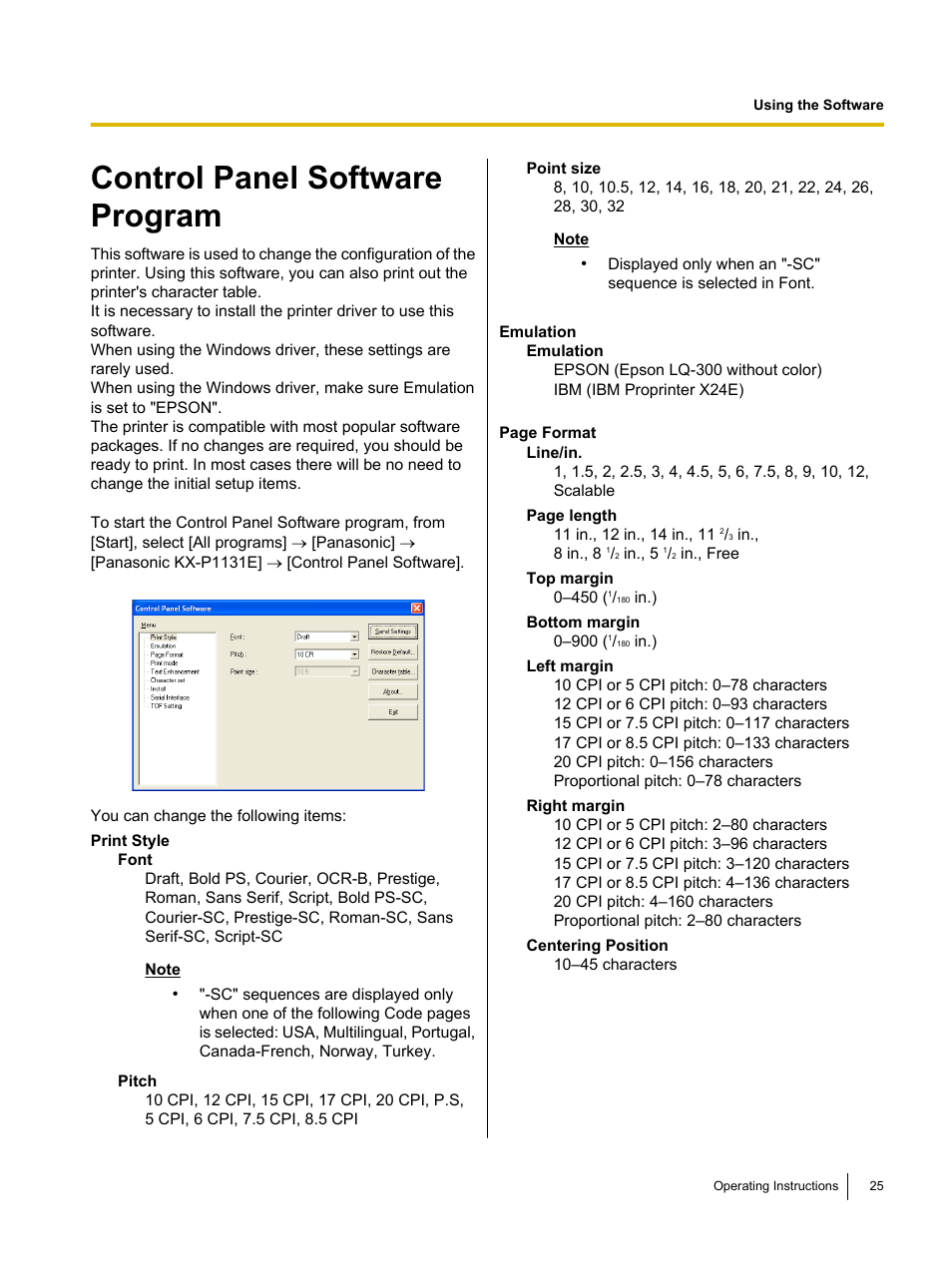 Using the software, Control panel software program | Panasonic KX-P1131E User Manual | Page 25 / 49