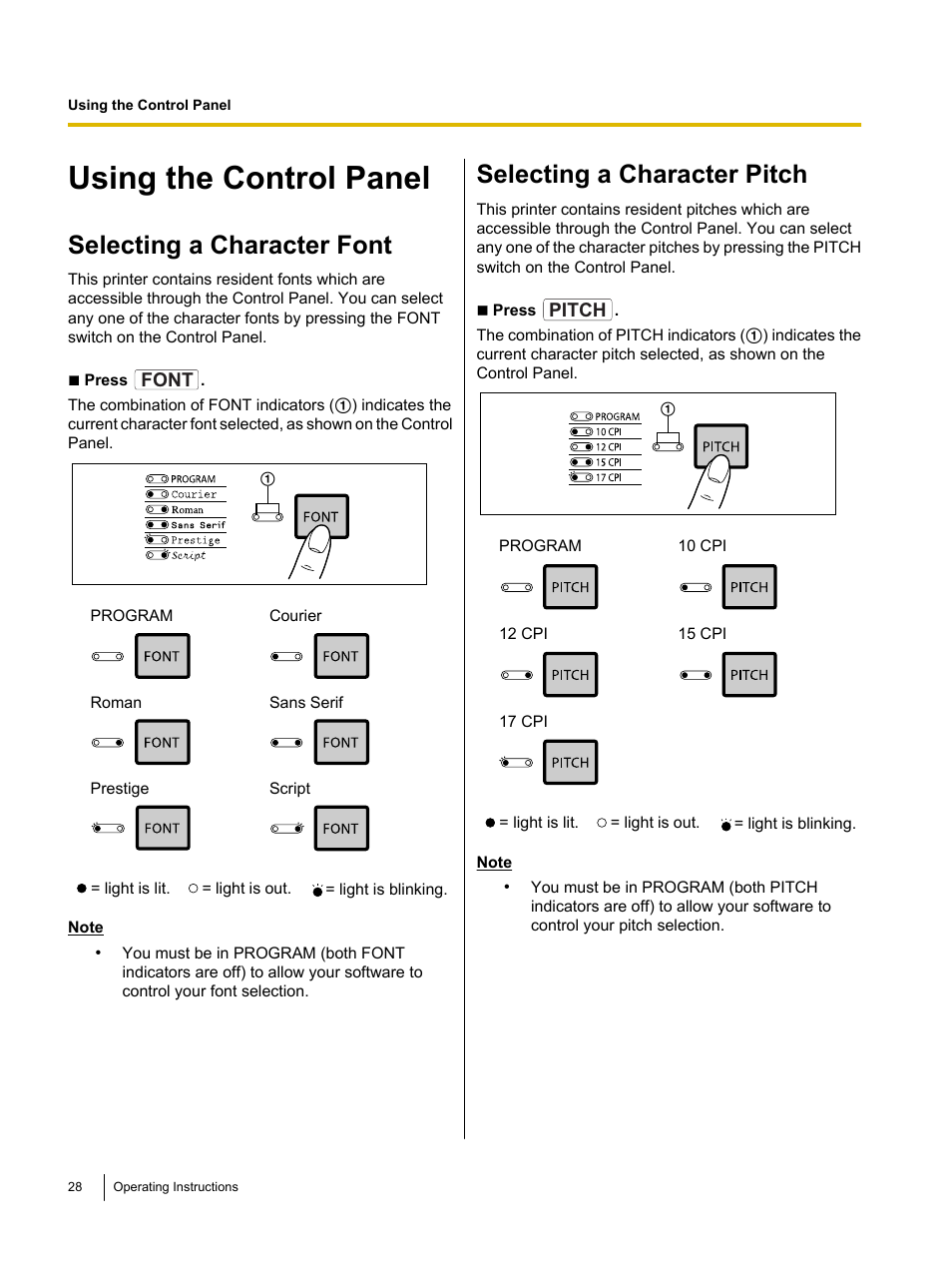 Using the control panel, Selecting a character font, Selecting a character pitch | Panasonic KX-P1131E User Manual | Page 28 / 49