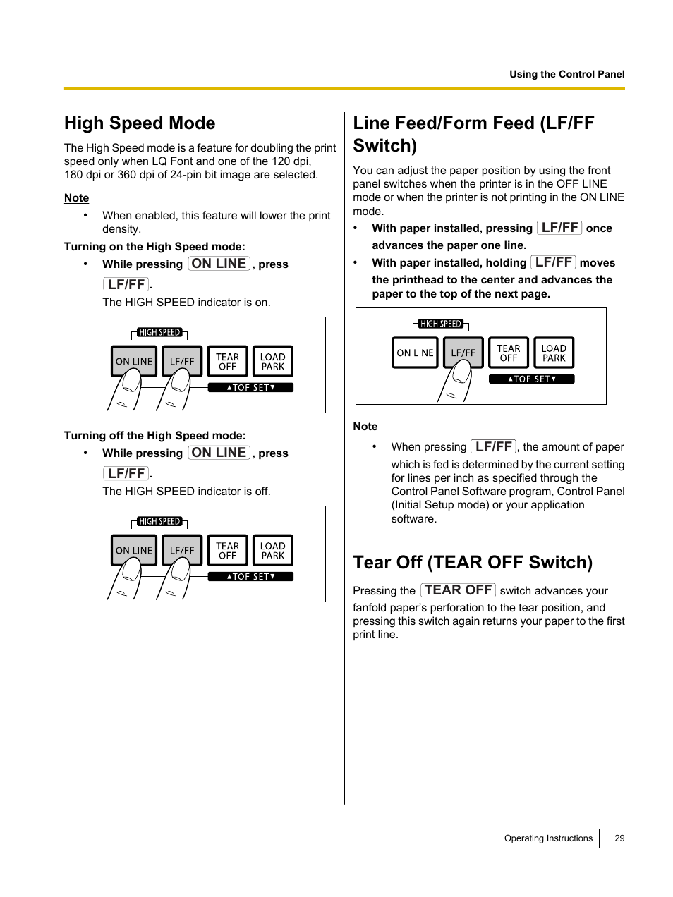 High speed mode, Line feed/form feed (lf/ff switch), Tear off (tear off switch) | Panasonic KX-P1131E User Manual | Page 29 / 49
