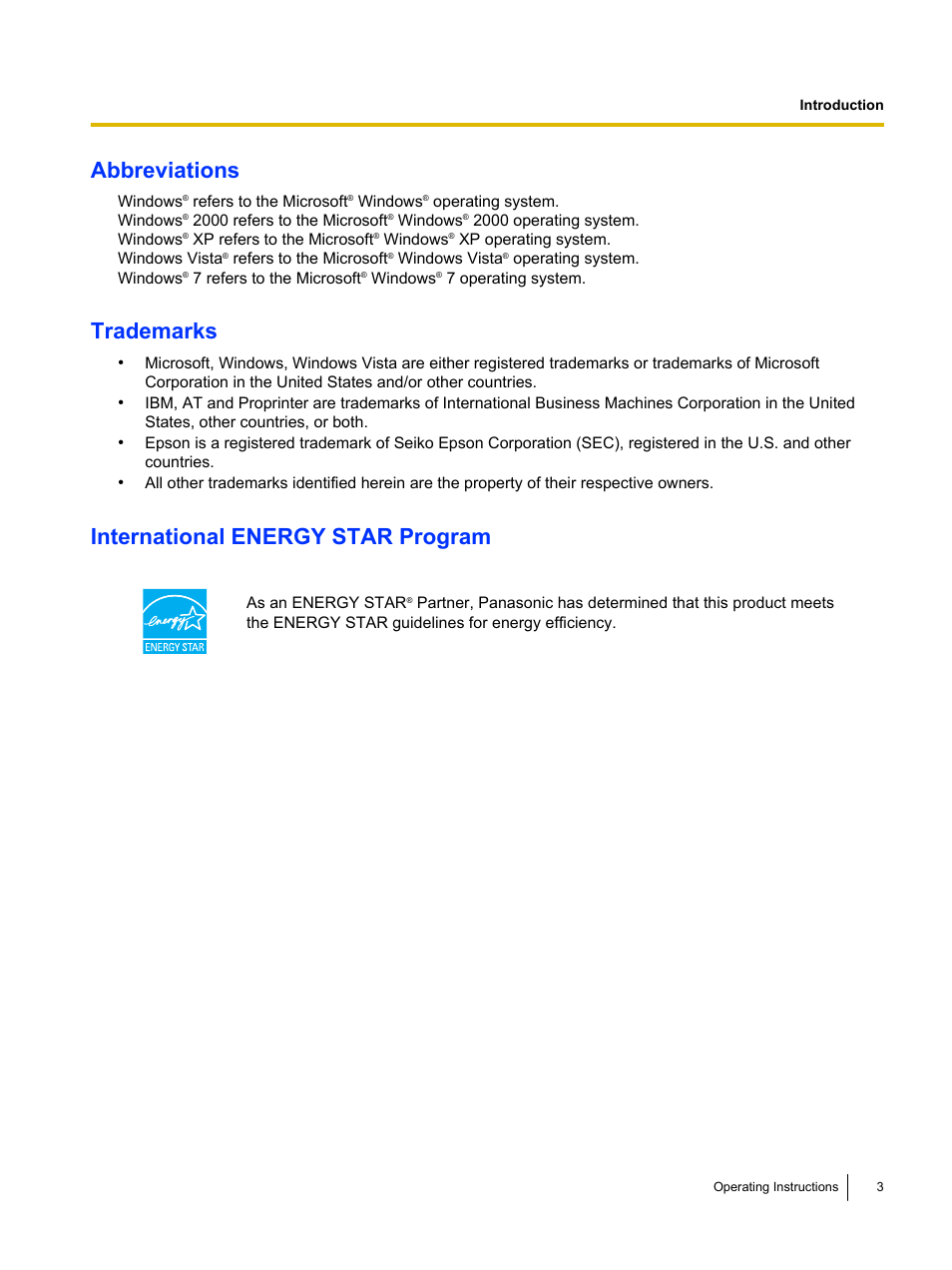 Abbreviations, Trademarks, International energy star program | Panasonic KX-P1131E User Manual | Page 3 / 49