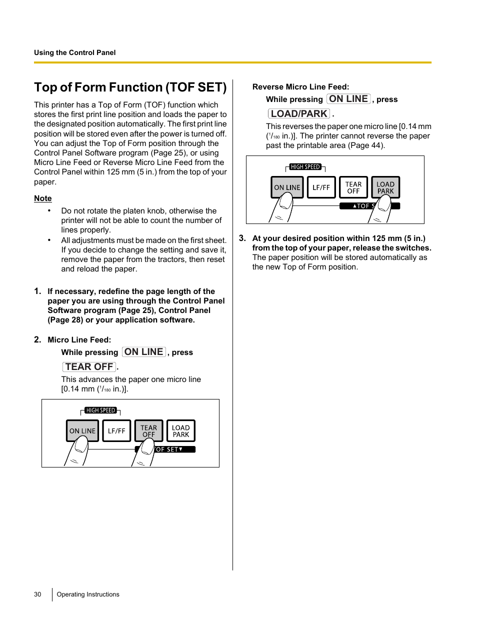 Top of form function (tof set) | Panasonic KX-P1131E User Manual | Page 30 / 49
