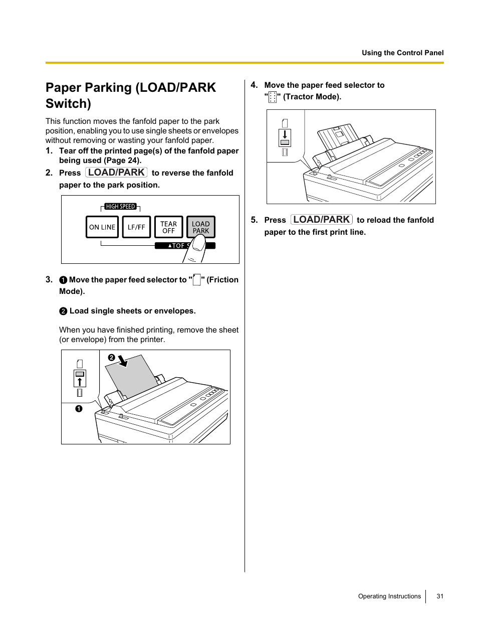 Paper parking (load/park switch) | Panasonic KX-P1131E User Manual | Page 31 / 49